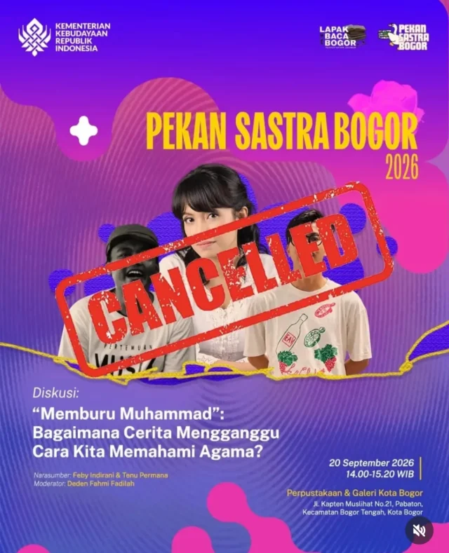 Pengumuman Flyer Diskusi Buku Memburu Muhammad yang dibatalkan. Sumber: https://www.threads.com/@feby.indirani Pengumuman Flyer Diskusi Buku Memburu Muhammad yang dibatalkan. Sumber: https://www.threads.com/@feby.indirani
