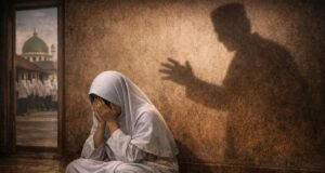 Polisi Selidiki Pencabulan di Ponpes Bekasi, 10 Korban Ilustrasi kekerasan di pesantren di bekasi. korban kekerasan seksual menangis di bawah bayang-bayang pelaku.